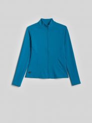 4F Bluza treningowa slim bez kaptura damska - turkusowa XS. Niebieskie bluzy damskie 4F, l, bez wzorów, z materiału, klasyczne, bez ramiączek, bez kaptura. Za 179.99 zł.