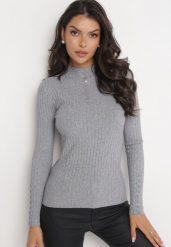 Szary Dopasowany Sweter Golf z Ozdobnymi Guzikami Oppanla. Szare swetry nierozpinane damskie Born2be, z aplikacjami, z dzianiny, bez kołnierzyka, bez ramiączek. Za 49.99 zł.
