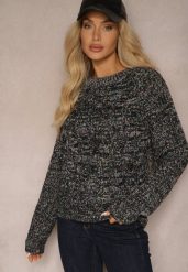 Czarny Sweter z Dodatkiem Wełny z Tłoczonym Zdobieniem i Kolorową Nitką Terivana. Czarne swetry nierozpinane damskie Renee, z aplikacjami, z jeansu, biznesowe, bez kołnierzyka, bez ramiączek. Za 59.99 zł.