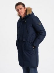 Ocieplana kurtka męska alaska z kieszeniami i rozpinanym dołem – granatowa V1 - Rozmiar: L. Niebieskie kurtki męskie Ombre Clothing, l, bez wzorów, z materiału, militarne, z kapturem. W wyprzedaży za 389.99 zł.