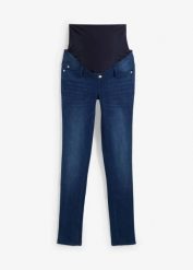 Jeansy ciążowe z ocieplającą spodnią stroną, slim fit. Niebieskie jeansy damskie bonprix, bez wzorów, z bawełny, moda ciążowa. Za 189.99 zł.