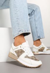 Biało-Brązowe Sneakersy z Ozdobnymi Przeszyciami i Metaliczną Wstawką Miltia. Białe obuwie sportowe damskie Born2be, bez wzorów, bez zapięcia. Za 69.99 zł.