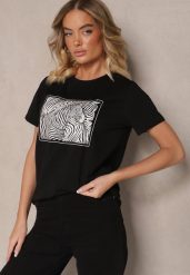 Czarny Bawełniany T-shirt Oversize z Nadrukiem Imitującym Zebrę Nalornis. Czarne t-shirty damskie Renee, m, bez wzorów, z bawełny, eleganckie, bez kołnierzyka, bez ramiączek. Za 34.99 zł.