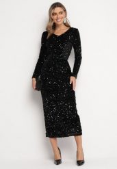 Czarna Cekinowa Spódnica Midi za Kolano z Rozcięciem Asinna. Czarne spódnice damskie Born2be, na co dzień, l, bez wzorów, glamour, midi, proste. Za 139.99 zł.