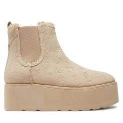 Botki Guess. Brązowe botki damskie Guess, z aplikacjami, bez obcasa, na koturnie, bez zapięcia. Za 629.99 zł.