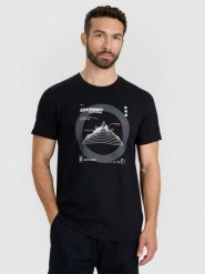 4F T-shirt regular z nadrukiem męski - czarny L. Czarne t-shirty męskie 4F, l, bez wzorów, z bawełny, bez kołnierzyka, bez ramiączek. Za 59.99 zł.