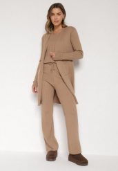 Ciemnobeżowy Komplet Dzianinowy z Bawełną Spodnie Kamizelka i Długi Kardigan Meviravia. Brązowe kardigany damskie Born2be, bez wzorów, z bawełny, eleganckie, bez kołnierzyka. Za 134.99 zł.