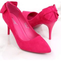 Czółenka na szpilce z kokardką fuksjowe NF-46 Fuchsia różowe. Czerwone czółenka damskie ButyModne, bez wzorów, z materiału, bez obcasa, na szpilce, bez zapięcia. Za 89.00 zł.
