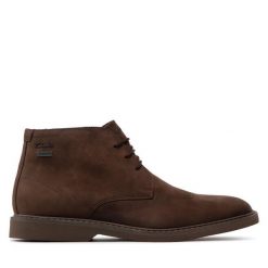 Trzewiki Clarks. Brązowe botki męskie Clarks, bez wzorów, z gore-texu, bez obcasa, bez zapięcia. Za 629.99 zł.