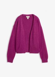 Gruby kardigan oversize o skróconym kroju. Fioletowe kardigany damskie bonprix, bez wzorów, bez kołnierzyka. Za 114.99 zł.