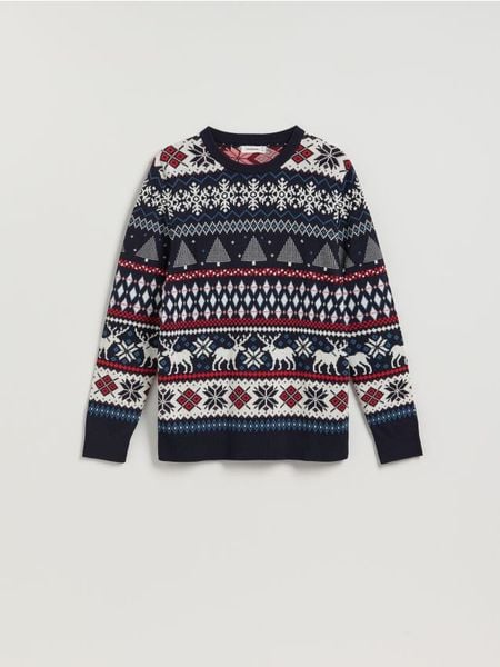 Sweter ze świątecznym motywem - wielobarwny. Swetry męskie Reserved, l, bez wzorów, z bawełny, wizytowe, bez kołnierzyka, bez ramiączek. Za 119.99 zł.