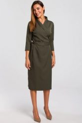 Elegancka sukienka biznesowa kopertowa midi z paskiem w talii zielona. Zielone sukienki damskie Stylove, do pracy, xl, bez wzorów, biznesowe, bez kołnierzyka, bez ramiączek, midi, kopertowe. Za 309.00 zł.