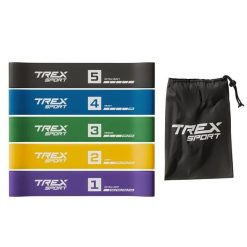 Zestaw 5 gum oporowych Trex Sport Miniband 1–18 kg z torbą. Torby sportowe męskie TREX SPORT, bez wzorów. Za 25.50 zł.
