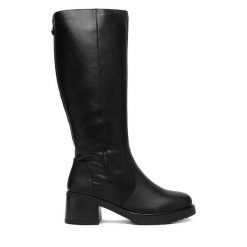 Kozaki Rieker. Czarne kozaki damskie Rieker, bez wzorów, bez obcasa, na słupku, bez zapięcia. Za 459.99 zł.