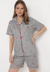 Czarno-Biały Komplet Piżamowy w Kratkę Koszula i Luźne Szorty Elitra. Czarne piżamy damskie Born2be, bez wzorów, bez ramiączek. Za 49.99 zł.