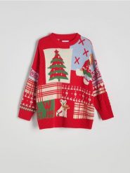 Żakardowy sweter z bawełną - wielobarwny. Swetry nierozpinane damskie Reserved, l, bez wzorów, z bawełny, bez kołnierzyka, bez ramiączek. W wyprzedaży za 79.99 zł.