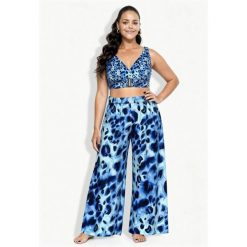 Damskie Spodnie palazzo zwierzęcy wzór szeroka nogawka elastyczny pas. Niebieskie spodnie dresowe damskie Ulla Popken, bez wzorów, z materiału, sportowe, długie. Za 239.99 zł.