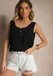 Czarny Top z Bawełną Ozdobiony Guzikami Ulosiella. Czarne topy damskie Renee, l, bez wzorów, z bawełny, eleganckie, bez kołnierzyka, bez ramiączek. Za 34.99 zł.