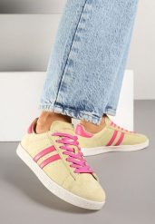 Żółte Zamszowe Sneakersy Tenisówki ze Skórzaną Wkładką i Paskami Ciarilira. Żółte trampki i tenisówki damskie Born2be, bez wzorów, z jeansu, bez zapięcia. Za 179.99 zł.