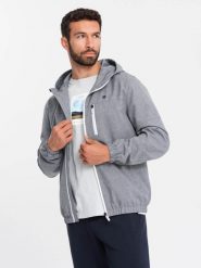 Lekka sportowa męska kurtka z polarową podszewką – szara V3 OM-JANP-0136 - XXL. Szare kurtki sportowe męskie Ombre Clothing, l, z aplikacjami, z gumy, żeglarskie. W wyprzedaży za 189.99 zł.