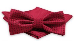 Czerwona Mucha Męska -ALTIES- z Taką Samą Poszetką, w Granatowe Kropki, Groszki. Czerwone krawaty i muchy Alties, bez wzorów, eleganckie. Za 54.00 zł.