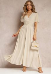 Beżowa Rozkloszowana Sukienka z Kopertowym Dekoltem Obillis. Brązowe sukienki damskie Renee, na imprezę, uniwersalny, bez wzorów, z jeansu, eleganckie, bez kołnierzyka, bez ramiączek, maxi, kopertowe. Za 99.99 zł.