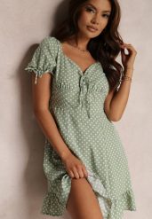 Jasnozielona Sukienka Síofra. Zielone sukienki damskie Renee, na randkę, na lato, l, z aplikacjami, vintage, bez kołnierzyka, bez ramiączek, mini. Za 74.99 zł.