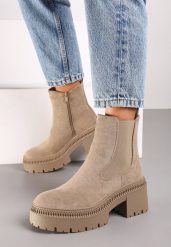 Ciemnobeżowe Botki na Platformie i Obcasie Sztyblety w Stylu Grunge z Elastyczną Wstawką Lerisela. Brązowe botki damskie Born2be, bez wzorów, z jeansu, eleganckie, bez obcasa, na obcasie, bez zapięcia. Za 149.99 zł.