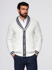 Sweter męski kardigan z szalowym kołnierzem w stylu preppy - biały V1 - Rozmiar: S. Białe swetry męskie Ombre Clothing, m, bez wzorów, z bawełny, eleganckie, bez kołnierzyka, bez ramiączek. W wyprzedaży za 149.49 zł.