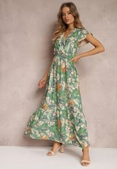 Zielona Sukienka z Wiskozy Maxi w Kwiaty Mahiza. Zielone sukienki damskie Renee, l, bez wzorów, z tkaniny, bez kołnierzyka, bez ramiączek, maxi, kopertowe. Za 49.99 zł.