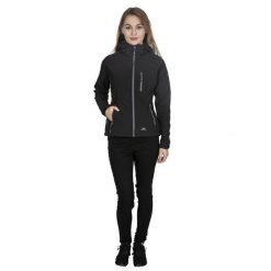 Kurtka Softshellowa Damska Wodoodporność Bela II. Czarne kurtki sportowe damskie Trespass, l, bez wzorów, z elastanu, bez ramiączek, z kapturem, trekkingowe. Za 261.99 zł.