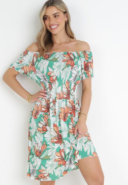 Zielona Sukienka Midi Hiszpanka z Gumkami w Pasie Asarina. Zielone sukienki damskie Born2be, na co dzień, l, bez wzorów, z tkaniny, bez kołnierzyka, bez ramiączek, midi, rozkloszowane. Za 39.99 zł.