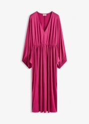 Sukienka midi z głębokim dekoltem. Czerwone sukienki damskie bonprix, bez wzorów, eleganckie, bez kołnierzyka, bez ramiączek, midi. Za 89.99 zł.