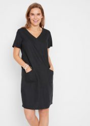 Sukienka z tkaniny z lnem, dł. do kolan. Czarne sukienki damskie bonprix, bez wzorów, z tkaniny, bez kołnierzyka, bez ramiączek, midi. Za 137.99 zł.