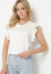 Biała Bluzka z Bawełny Ozdobiona Haftem Nalawen. Białe bluzki damskie Born2be, m, bez wzorów, z bawełny, bez kołnierzyka, bez ramiączek. Za 39.99 zł.