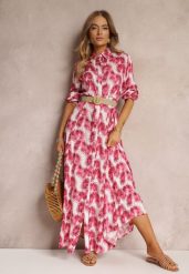 Fuksjowa Koszulowa Sukienka Maxi z Guzikami i Podpinanymi Rękawami Jaye. Czerwone sukienki damskie Renee, l, bez wzorów, boho, bez kołnierzyka, bez ramiączek, maxi, koszulowe. Za 89.99 zł.