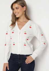 Biały Kardigan z Wyhaftowanymi Wisienkami Niralia. Białe kardigany damskie Born2be, s, bez wzorów, z jeansu, eleganckie, bez kołnierzyka. Za 129.99 zł.