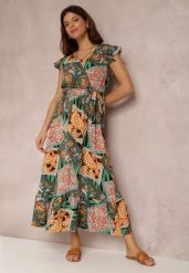Zielona Sukienka Posius. Zielone sukienki damskie Renee, na imprezę, l, z aplikacjami, z materiału, klasyczne, bez kołnierzyka, bez ramiączek, maxi. Za 49.99 zł.