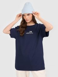 4F T-shirt oversize z nadrukiem damski - granatowy L. Niebieskie t-shirty damskie 4F, l, bez wzorów, z dzianiny, bez kołnierzyka, bez ramiączek. Za 79.99 zł.