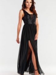Sukienka Model A486 Black - awama. Czarne sukienki damskie Awama, na wesele, l, z aplikacjami, z elastanu, eleganckie, bez kołnierzyka, plus size, bez ramiączek, maxi. Za 610.80 zł.