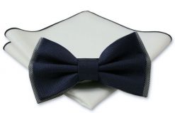 Stylowa mucha z poszetką - Chattier, Męska - Granat z Akcentem Popielatym. Niebieskie krawaty i muchy Chattier, bez wzorów, eleganckie. Za 59.00 zł.