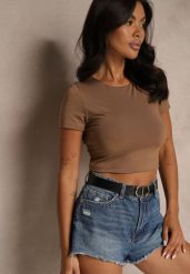 Brązowy T-shirt Cropped z Wiskozą Efranessa. Brązowe t-shirty damskie Renee, l, bez wzorów, z materiału, bez kołnierzyka, bez ramiączek. Za 69.99 zł.