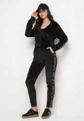 Czarny Welurowy Komplet Dresowy z Lampasem w Panterkę Spodnie i Bluza Elliorielle. Czarne bluzy damskie Born2be, l, bez wzorów, z dresówki, eleganckie, bez ramiączek, z kapturem. Za 79.99 zł.