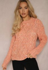 Pomarańczowy Casualowy Sweter z Wełną z Kolorowymi Przeszyciami Dezira. Brązowe swetry nierozpinane damskie Renee, bez wzorów, z wełny, biznesowe, bez kołnierzyka, bez ramiączek. Za 59.99 zł.