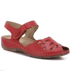Skórzane sandały damskie komfortowe na rzep czerwone Helios 4011. Czerwone sandały damskie Helios, bez wzorów, ze skóry, bez obcasa, bez zapięcia. Za 379.99 zł.