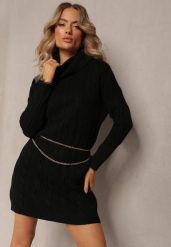 Czarna Mini Sukienka ze Sweterkowej Dzianiny z Szerokim Golfem i Ściągaczami Jilenma. Czarne sukienki damskie Renee, na jesień, m, bez wzorów, z dzianiny, bez kołnierzyka, bez ramiączek, mini. Za 99.99 zł.