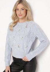 Niebieski Sweter Ozdobiony Tłoczeniem i Kwiatkami Eretina. Niebieskie swetry nierozpinane damskie Born2be, m, z aplikacjami, z jeansu, bez kołnierzyka, bez ramiączek. Za 139.99 zł.
