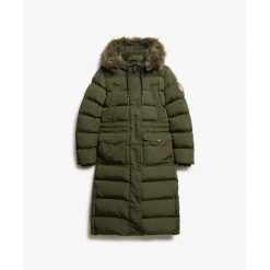 Damski płaszcz ze sztucznego futra Superdry Everest. Zielone płaszcze damskie Superdry, s, bez wzorów, z syntetyku, eleganckie, bez kołnierzyka, bez kaptura. Za 978.25 zł.