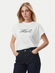 KARL LAGERFELD T-Shirt Rhinestone B4W17048 Biały Relaxed Fit. Białe t-shirty damskie KARL LAGERFELD, xs, bez wzorów, z bawełny, bez kołnierzyka, bez ramiączek. Za 429.99 zł.