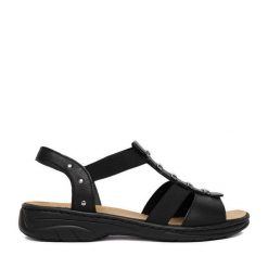 Sandały Rieker. Czarne sandały damskie Rieker, bez wzorów, bez obcasa, na płaskiej podeszwie, bez zapięcia. Za 319.99 zł.